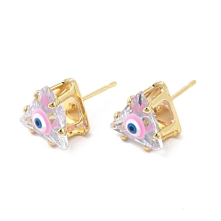 Pink Boucles d'oreilles triangle en verre avec mauvais œil en émail, bijoux en laiton plaqué or véritable 18k pour femmes, rose, 10.5x10.5mm, pin: 0.7 mm