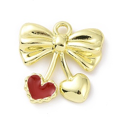 Red Rack Plating Alloy Enamel Pendants, Bowknot with Heart Charms, Red, 19.5x19x3.5mm, Hole: 2mm