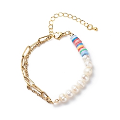 Colorido Pulsera de cuentas de arcilla polimérica y perla natural con 304 cadenas de clips de acero inoxidable para mujer, colorido, 7-1/4 pulgada (18.5 cm)