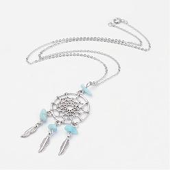Larimar Alloy Pendant Necklaces, Woven Net/Web with Feather, with Natural Larimar Beads and Brass Chain, Antique Silver and Platinum, 17.9 inch(455mm)