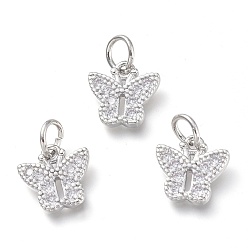 Real Platinum Plated Brass Micro Pave Clear Cubic Zirconia Pendants, with Jump Rings, Butterfly, Real Platinum Plated, 10x10x1.5mm, Hole: 3.5mm