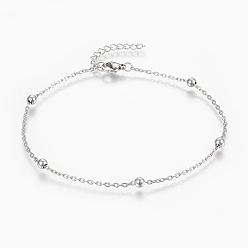 Stainless Steel Color 304 Stainless Steel Anklets, with Lobster Claw Clasps, Round Beads and Cable Chains, Stainless Steel Color, 9 inch(230mm)