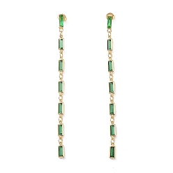 Green Cubic Zirconia Rectangle Dangle Stud Earrings, Real 18K Gold Plated Brass Long Tassel Earrings for Women, Cadmium Free & Nickel Free & Lead Free, Green, 89.5x4x2mm, Pin: 0.8mm