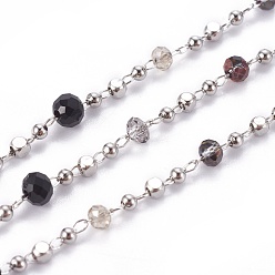 Black Handmade Glass Beaded Chains, Soldered, with Brass Chains and Beads, Long-Lasting Plated, with Spool, Faceted Rondelle, Real Platinum Plated, Black, 1.5x1.5x1.5mm, about 32.8 Feet(10m)/roll