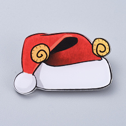 Red Acrylic Safety Brooches, with Iron Pin, For Christmas, Christmas Hat, 29x44x7mm, Pin: 0.8mm