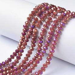 Red Electroplate Opaque Glass Beads Strands, Full Rainbow Plated, Faceted, Rondelle, Red, 4x3mm, Hole: 0.4mm, about 123~127pcs/strand, 16.5~16.9 inch(42~43cm)