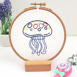 Jellyfish Conjuntos de bordado de animales de dibujos animados de bricolaje, incluido marco de imitación de bambú, pasadores de plástico y aleación, paño, hilos de colores, patrón de medusas, 37~190x1~195x0.6~8.5 mm, diámetro interior: 107 mm