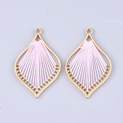 Pink Cotton Thread Woven Pendants, with Alloy Findings, Leaf, Golden, Pink, 43x26.5x2mm, Hole: 1.8mm