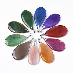 Mixed Color Natural Agate Big Pendants, with Platinum Plated Brass Pinch Bails, Dyed, Teardrop, Mixed Color, 55~60x30~33x6~9mm, Hole: 4x5mm