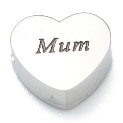 Stainless Steel Color 304 Stainless Steel Beads, Heart with Word Mum, for Mother's Day, Stainless Steel Color, 7x8x3mm, Hole: 2mm