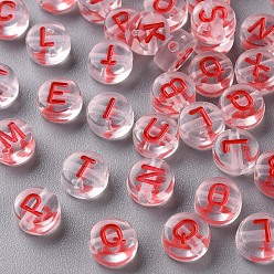 Brique Rouge Perles acryliques transparentes transparentes, trou horizontal, plat rond avec lettre aléatoire, firebrick, 7x4mm, Trou: 1.6mm, environ3700 pcs / 500 g