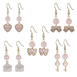 Pink Valentine's Day Alloy Enamel Dangle Earrings with Brass Pins, Mixed Shapes, Pink, 38~45x8~16mm