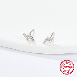 Silver Sterling Silver Micro Pave Cubic Zirconia Stud Earrings, Lightning Bolt, Silver, 7x4mm