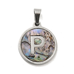 Letter P 304 Stainless Steel with Paua Shell Pendants, Stainless Steel Color, Flat Round with Letter Charm, Letter.P, 18x16x1.5mm, Hole: 3x6mm