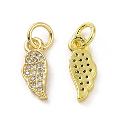 Real 18K Gold Plated Brass Micro Pave Clear Cubic Zirconia Charms, with Jump Ring, Wing Charm, Real 18K Gold Plated, 12x5x1.5mm, Hole: 3.2mm