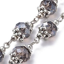 Gris Main chaînes de perles de verre, avec des chapeaux de perles en alliage de style tibétain, perles intercalaires en fer et pinces à oeil en fer, non soudée, grises , 39.37 pouce (1 m), lien: 7.5x20.5 mm, 1 m / chapelet