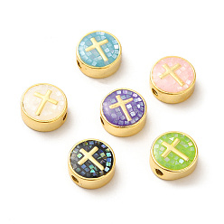 Mixed Color Rack Plating Brass Enamel Beads, with Shell Chips, Long-lasting Plated, Cadmium Free & Lead Free,Flat Round with Cross, Golden, Mixed Color, 11x4.5mm, Hole: 1.8mm