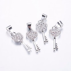 Real Platinum Plated Long-Lasting Plated Brass Micro Pave Cubic Zirconia Pendants, Heart Key, Real Platinum Plated, 18x7x2.5mm, Hole: 3.5mm