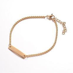Golden 304 Stainless Steel ID Bracelets, Rectangle, with Box Chains and Lobster Clasps, Golden, 7-1/4 inch(185mm), 2mm