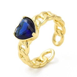 Midnight Blue Cubic Zirconia Heart Open Cuff Ring, Real 18K Gold Plated Brass Jewelry for Women, Cadmium Free & Nickel Free & Lead Free, Midnight Blue, US Size 8(18.1mm)