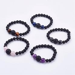 Mixed Stone Natural Gemstone Stretch Bracelets, with Natural Lava Rock Beads, Round, 2 inch(52mm)