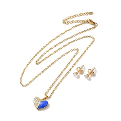 Blue Clear Cubic Zirconia Heart with Enamel Pendant Necklace & Stud Earrings, Golden 304 Stainless Steel Jewelry Set for Women, Blue, 510mm, 13x5.5mm, Pin: 0.7mm