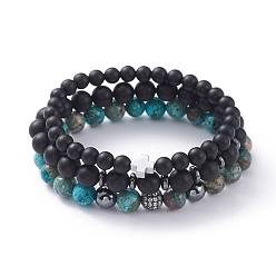 Mixed Stone Unisex Stretch Bracelets Sets, Stackable Bracelets, with Natural Black Agate(Dyed)/Ocean Agate Beads, Non-Magnetic Synthetic Hematite Beads, Brass Cubic Zirconia Round Beads and Cardboard Packing Box, Cross & Round, 2-1/8 inch(5.5cm), 3pcs/set