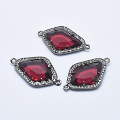 Dark Red Brass Micro Pave Cubic Zirconia Links, with Glass, Faceted, Rhombus, Gunmetal, Dark Red, 33x20x5mm, Hole: 1.6mm