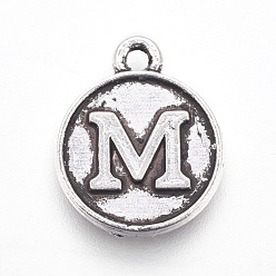 Letter M Tibetan Style Alloy Charms, Flat Round with Letter, Antique Silver, Letter.M, 15x12.5x2mm, Hole: 1.5mm