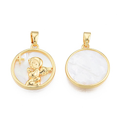 Creamy White Natural Freshwater Shell Pendants, with Real 18K Gold Plated Brass Findings, Nickel Free, Flat Round Charm with Angel, Creamy White, 18x16x2mm, Hole: 2x4mm