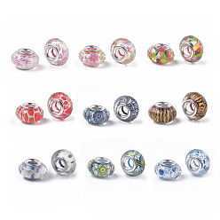 Mixed Color Resin European Beads, Large Hole Beads, with Silver Color Plated Brass Cores, Faceted, Rondelle, Flamingo Pattern, Mixed Color, 14x8~8.5mm, Hole: 4.5~5mm