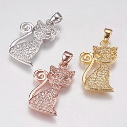 Mixed Color Brass Micro Pave Cubic Zirconia Kitten Pendants, Cartoon Cat Shape, Mixed Color, 20.5x13x2mm, Hole: 2.5x4mm