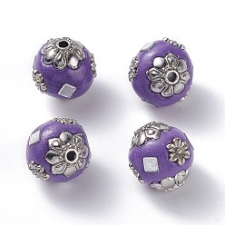 Medium Purple Handmade Indonesia Beads, with Alloy Findings, Round, Medium Purple, 13~14mm, Hole: 1.5~2mm