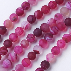 Medium Violet Red Natural Grade A Striped Agate/Banded Agate Beads Strands, Dyed & Heated, Frosted, Round, Medium Violet Red, 8~8.5mm, Hole: 1.2mm, about 39pcs/strand, 14.56 inch(37cm)