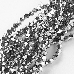 Silver Electroplate Glass Beads Strands, Full Plated, Faceted, Bicone, Silver, 3.5x3mm, Hole: 1mm, about 128~135pcs/strand, 13.8