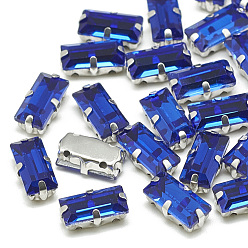 Sapphire Sew on Rhinestone, Multi-strand Links, Glass Rhinestone, with Brass Prong Settings, Garments Accessories, Faceted, Rectangle, Platinum, Sapphire, 10.5x5.5x4mm, Hole: 1mm