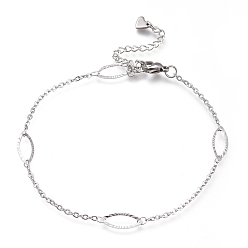 Stainless Steel Color 304 Stainless Steel Cable Chain Anklets, with Textured Horse Eye Links and Lobster Claw Clasps, Stainless Steel Color, 8-7/8 inch(22.5cm)