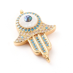 Golden Brass Micro Pave Cubic Zirconia Links Connectors, with Abalone Shell/Paua Shell, Cadmium Free & Nickel Free & Lead Free, Hamsa Hand/Hand of Fatima/Hand of Miriam, Clear & Blue, Golden, 26x17x4.8mm, Hole: 1.2mm