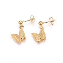 Golden 304 Stainless Steel Dangle Stud Earrings, Hypoallergenic Earrings, Textured, Butterfly, Golden, 23x13.5x4mm, Pin: 0.8mm