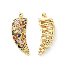 Colorful Brass Micro Pave Cubic Zirconia Pendants, Real 18K Gold Plated, Horn/Tusk Charm, Colorful, 43.5x17.5x6mm, Hole: 4x3.5mm