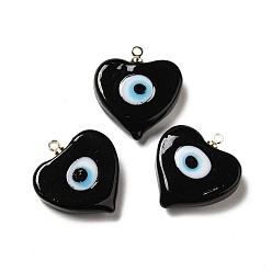 Black Handmade Lampwork Pendants, with Real 18K Gold Plated Plated Brass Finding, Cadmium Free & Lead Free, Heart with Evil Eye, Black, 19.5x18.2x5mm, Hole: 1.4mm