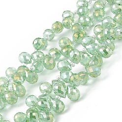 Light Green Transparent Electroplate Glass Beads Strands, Faceted, Top Drilled Teardrop, AB Color Plated, Light Green, 10x7.5~8mm, Hole: 0.8~1mm, about 95~100pcs/strand, 23.23~26.77(59~68cm)