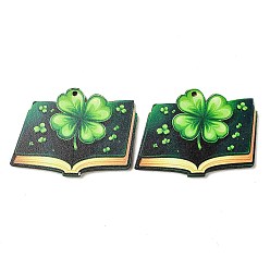 Green Saint Patrick's Day Single Face Printed Wood Pendants, Book Charms with Clover, Green, 36x49x2.5mm, Hole: 2mm