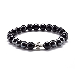 Obsidienne Obsidienne naturelle et perles rondes en hématite synthétique non magnétique bracelet extensible énergétique pour hommes femmes, bracelet en alliage croix, diamètre intérieur: 2-1/4 pouce (5.6 cm)