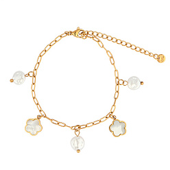 Golden Natural Pearls and Shell Flower Charm Bracelet with Stainless Steel Paperclip Chains, Golden, 8-1/4 inch(21cm)