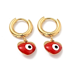 Red Enamel Heart with Evil Eye Dangle Hoop Earrings, Gold Plated 304 Stainless Steel Jewelry for Women, Red, 25mm, Pin: 1mm