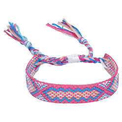 Flamingo Polyester-cotton Braided Rhombus Pattern Cord Bracelet, Ethnic Tribal Adjustable Brazilian Bracelet for Women, Flamingo, 5-7/8~11 inch(15~28cm)