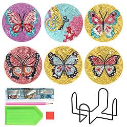Butterfly DIY Diamond Painting Coaster Kits, including Resin Rhinestones, Diamond Sticky Pen, Tray Plate & Glue Clay, Butterfly, 100mm, 6pcs/set