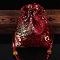 Dark Red Chinese Style Flower Pattern Satin Jewelry Packing Pouches, Drawstring Gift Bags, Rectangle, Dark Red, 14x11cm