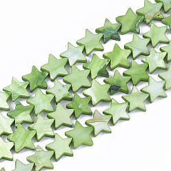 Lime Green Freshwater Shell Beads Strands, Dyed, Star, Lime Green, 12x12.5x3mm, Hole: 1mm, about 35pcs/strand, 15.55 inch(39.5cm)